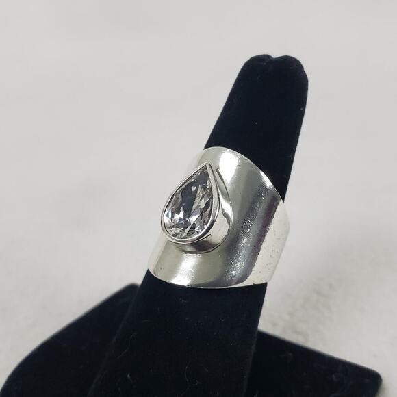 Estate Vintage Wide Sterling Silver Teardrop Sparkly Quartz Crystal Size 8 Ring - Picture 1 of 12